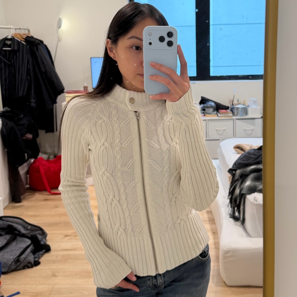 Tommy Jeans Vintage White Cable Knit Zip Up Sweater